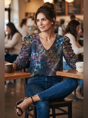 Cato Sheer V-Neck Puff Sleeve Blouse - Blue Multi